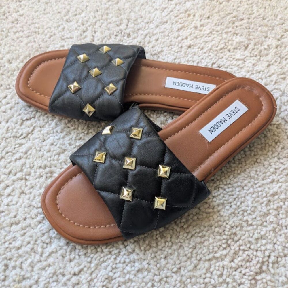 Steve Madden Black Quilted Gold Studded Slides Sandals Sz 8